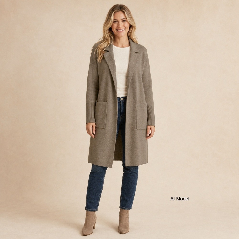 Taupe Longline Knit Cardigan Coatigan Medium Open Front Scandi‎ Neutral Layering